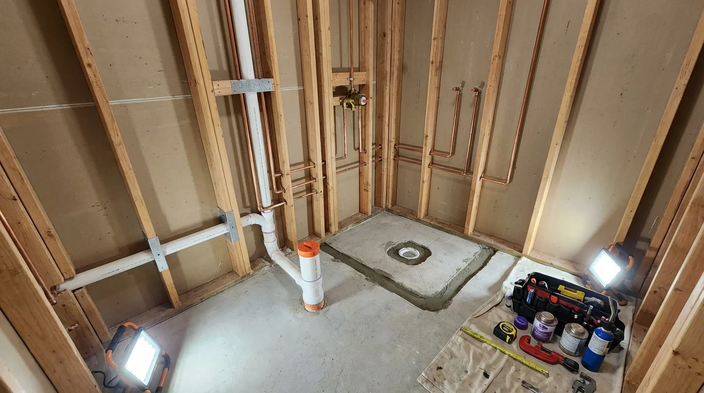 Bathroom rough-in plumbing during remodel by Johns Plumbing LLC in Fontana