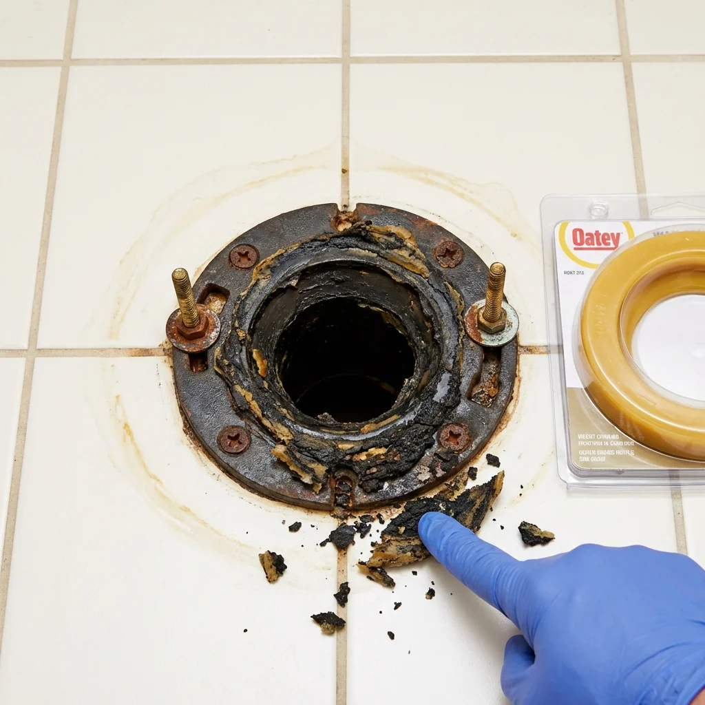 Failed wax ring showing water seepage at the base of a toilet in a Fontana, WI home