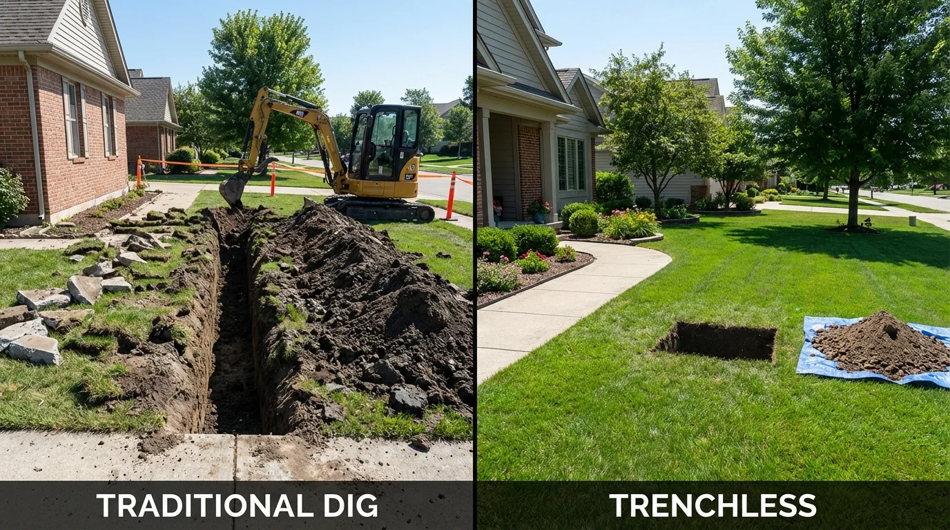Trenchless sewer repair with minimal yard damage versus traditional excavation in Fontana, WI
