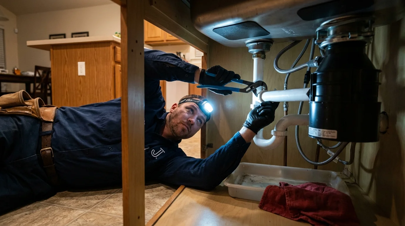 P-trap and supply line connections under a kitchen sink showing a common leak point in Fontana, WI